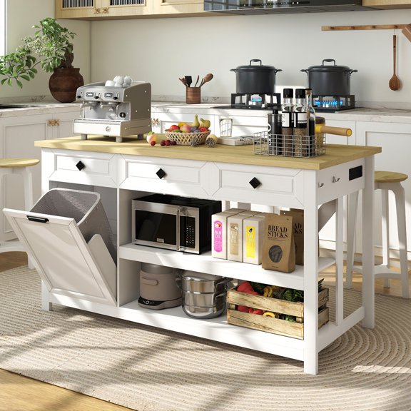 60" Kitchen Island with Trash Can Storage, White Large Kitchen Island with Storage and Seating, Island Table with Power Outlet, 2 Open Shelves, 3 Drawers, for Kitchen