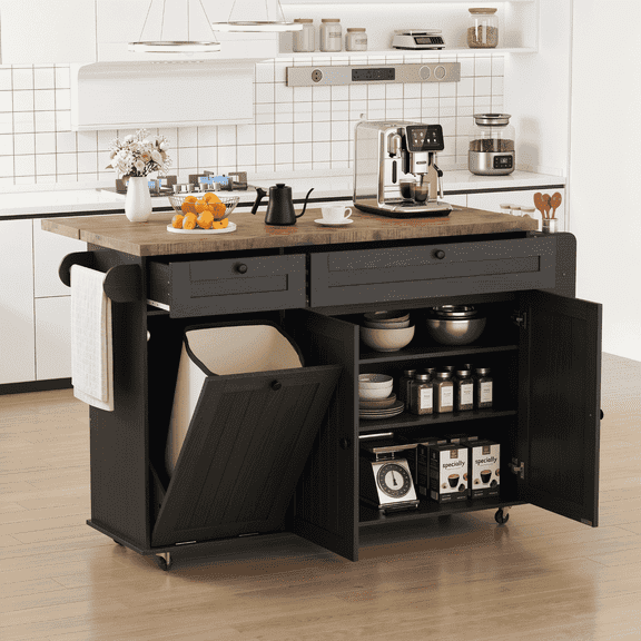 ROGALIS Kitchen Island w/Outlet&Towel Rack, 60" Kitchen Storage Cart w/Foldable Countertop, Black