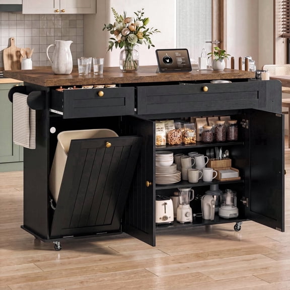 ROGALIS 60" Rolling Kitchen Island with Power Outlet, Drop Leaf Countertop, Trash Storage Cabinet, Large Storage Drawers and Cabinets, Spice Rack, Towel Rack, Lockable Wheels, Black/Rustic