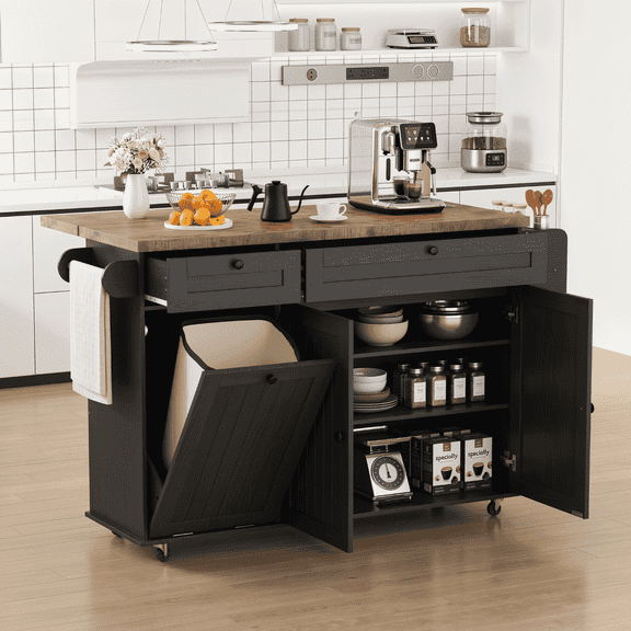 ROGALIS Kitchen Island w/Outlet&Towel Rack, 60" Kitchen Storage Cart w/Foldable Countertop, Black