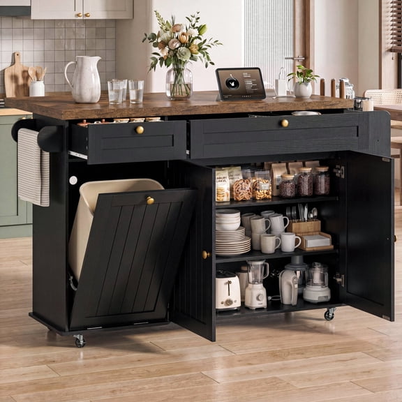 ROGALIS 60'' Rolling Kitchen Island with Power Outlet, Drop Leaf Countertop, Trash Storage Cabinet, Large Storage Drawers & Cabinets, Mobile Kitchen Island Cart with Spice Rack & Towel Rack, Black/Ru