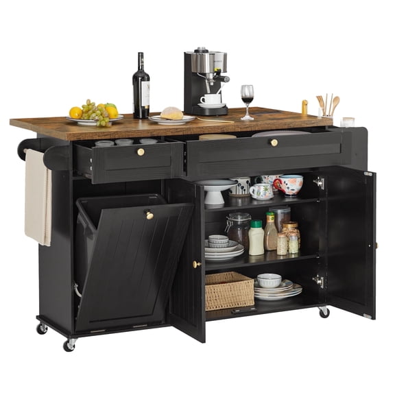 Rogalis Kitchen Island w/Outlet&Towel Rack, 60" Kitchen Storage Cart w/Foldable Countertop, Black