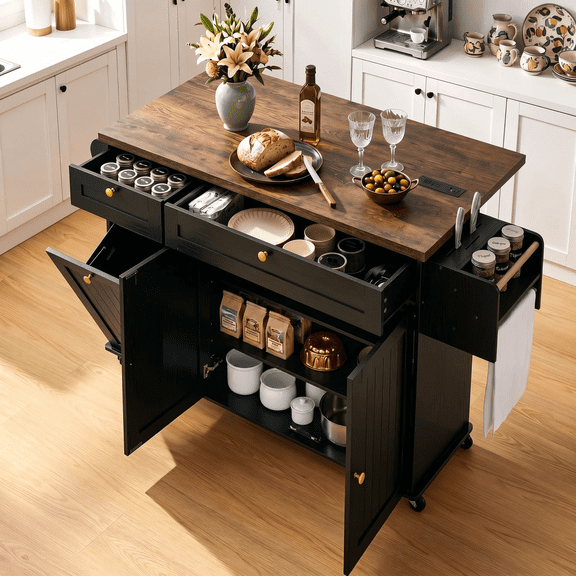 ROGALIS Kitchen Island w/Outlet&Towel Rack, 60" Kitchen Storage Cart w/Foldable Countertop, Black