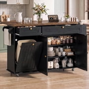 ROGALIS 60" Kitchen Island with Storage and Trash Can,Kitchen Island Cart with Drop Leaf and Wheels,Rolling Kitchen Island Cart on Wheels with Storage Cabinets &amp; Drawers &amp; Spice Racks,Black/Rustic deal from Walmart