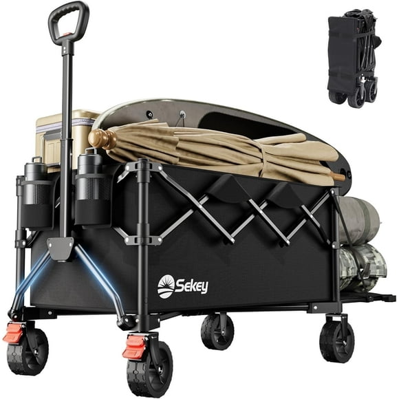 Sekey 440LBS Collapsible Beach Wagon Carts with Extended Tailgate Foldable Folding 500L Large Capacity Heavy Duty Utility Garden Cart with Big All-Terrain Beach Wheels for Shopping Camping. Black
