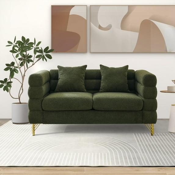 60"L Couches and Sofas, Atumon 2-Seat Loveseat Sofa, Mid-Century Upholstered Sofa Furniture with 4 Metal Legs and 2 Pillows, Modern Sofa for Living Room Bedroom Apartment, 60"L x 32"W x 28"H, Green