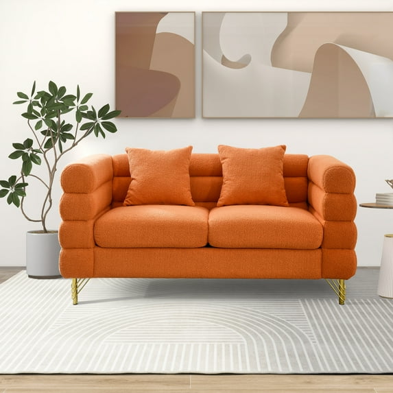 Atumon 60"L 2-Seat Cloud Sofa Couch, Mid-Century Upholstered Sofa Furniture with 4 Metal Legs and 2 Pillows, Modern Teddy Sofa for Living Room, Bedroom & Apartment,60"L x 32"W x 28"H, Orange
