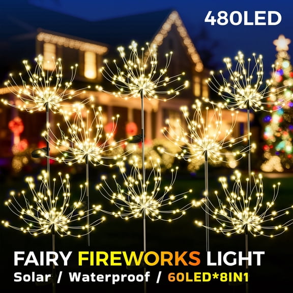 8pcs 60 LED 8IN1 Solar Firework Lights Outdoor Total 480 LED Landscape Lights for Garden Party Decor