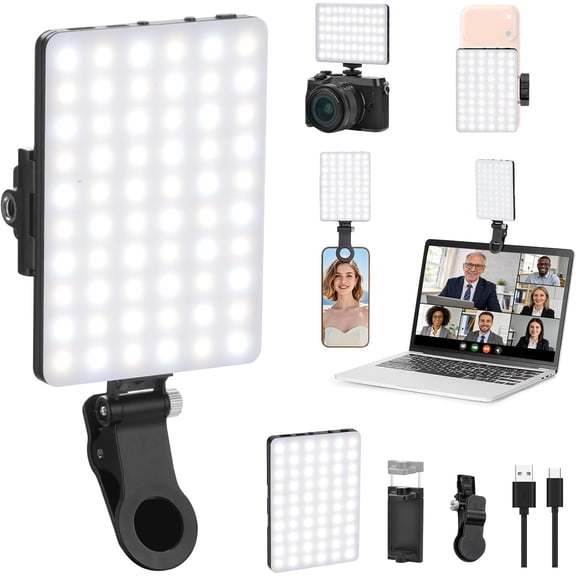 60 LED High Power Rechargeable Clip Fill Video Conference Light with Front & Back Clip, Adjusted 3 Light Modes for Phone, iPhone, Android, iPad, Laptop, for Makeup, TikTok, Selfie, Vlog
