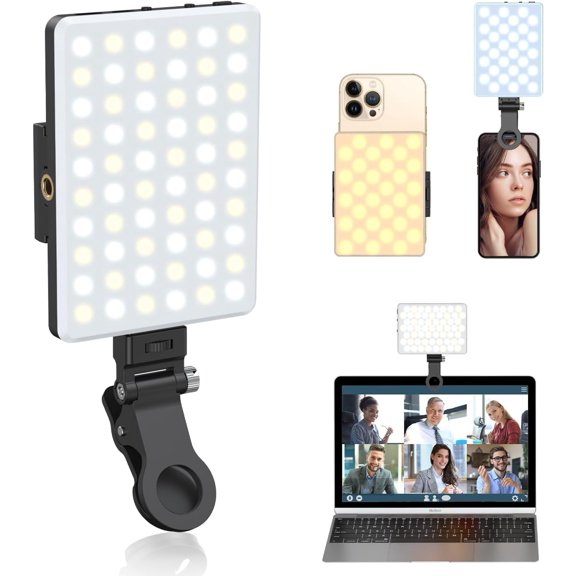 60 LED Selfie Light Portable Rechargeable Video Phone Light Front Back Clip 3 Modes Compatible with iPhone iPad Laptop