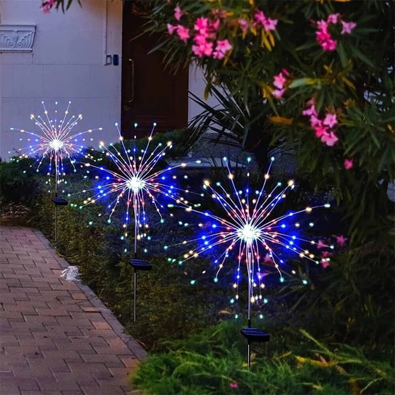 60 LEDs Solar Firework Lights Dandelion Ground Plug Lamp for Outdoor Garden Courtyard Path and Small Yard Decoration Weatherproof Energy Saving Lighting, Multicolor