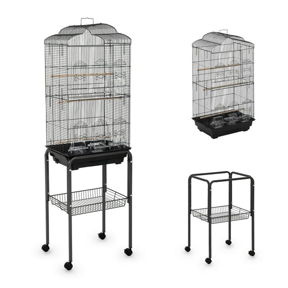 60" Large Metal Bird Cage with Stand – Rolling Parrot Aviary with Slide-Out Tray & Storage Shelf – Includes Perch & Bowls for Parakeets, Cockatiels & Finches