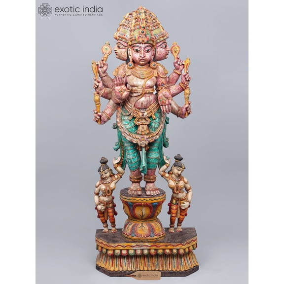 60" Large Three Headed Lord Vishwakarma | Wood Carved Statue