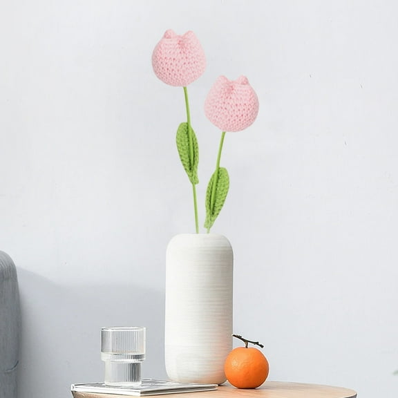 up to 60% Off Latrodar Tulip Crochet Flowers Handmade 2pc Knitted Bouquet Fake Artificial Flowers Bouquet UV Resistant ration Birthday Gift Pink 16x2 Inch