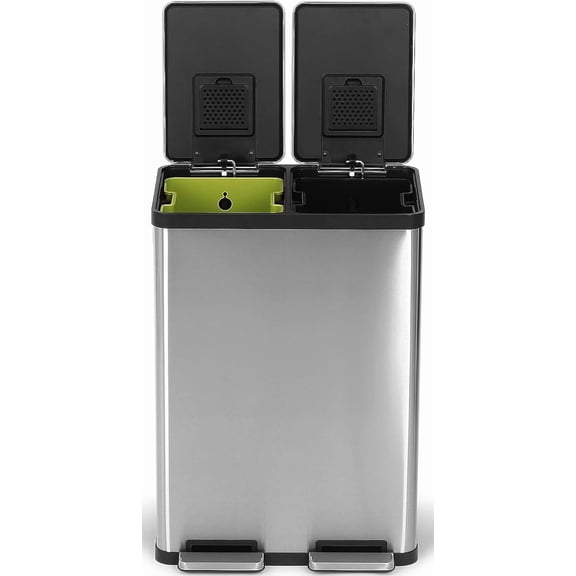 60 Liter / 16 Gallon Rectangular Hands-Free Dual Compartment Recycling Kitchen Step Trash Can with Soft-Close Lid, Brushed Stainless Steel (30L x 30L Capacity)