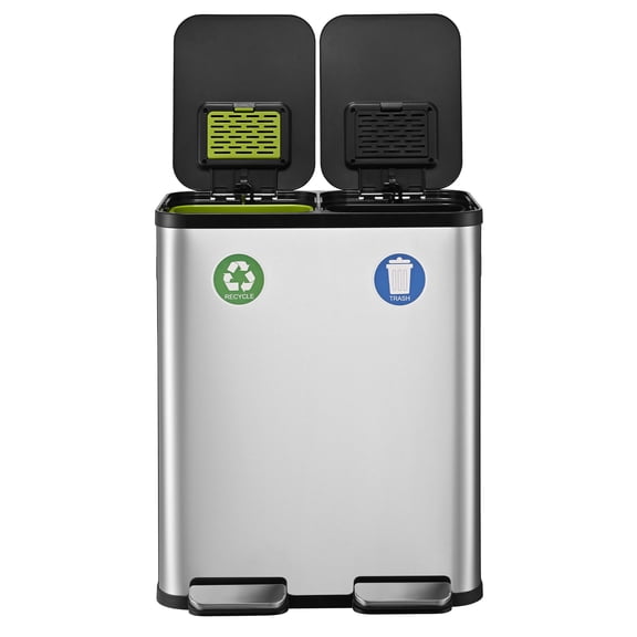 Simpli-Magic Kitchen Trash Can, 16 Gallon Stainless Steel Step Recycling Garbage Bin With Soft Close Lid, Silver