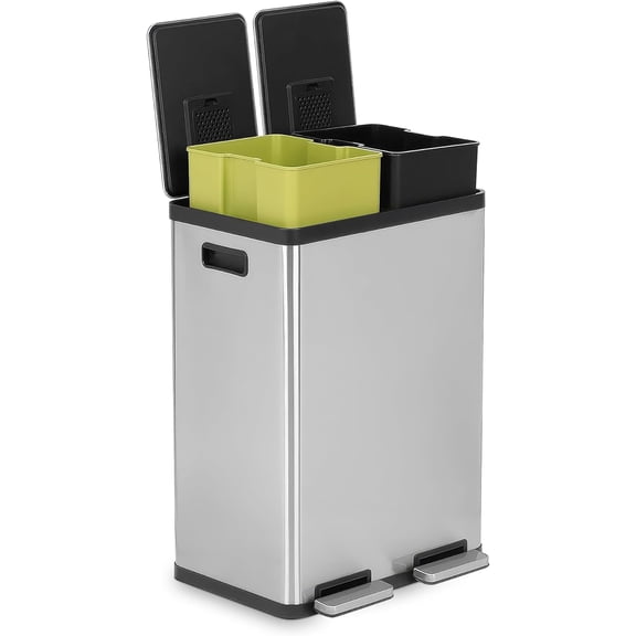 60 Liter / 16 Gallon Rectangular Hands-Free Dual Compartment Recycling Kitchen Step Trash Can with Soft-Close Lid, Brushed Stainless Steel