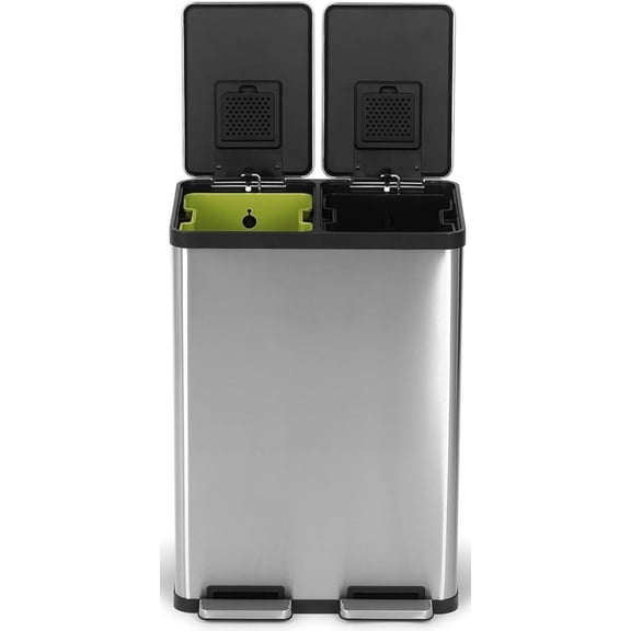 60 Liter / 16 Gallon Rectangular Hands-Free Dual Compartment Recycling Kitchen Step Trash Can with Soft-Close Lid, Brushed Stainless Steel