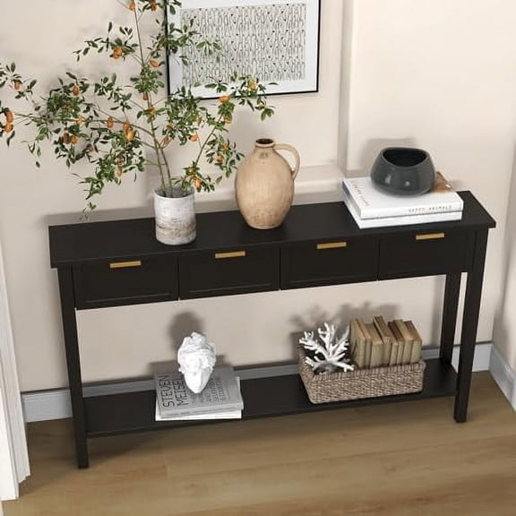 60 Long Black Console Table with 4 Drawers, 2-Tier Foyer Cabinet, Narrow Entryway Table with Storage Shelf for Living Room/Coffee Bar/Hallway/Kitchen/Couch$$Furniture