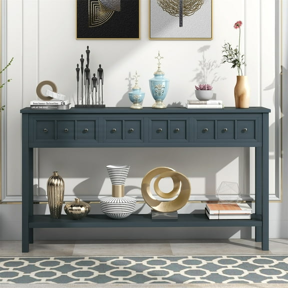 60" Long Console Table, Rustic Solid Wood Accent Sideboard Buffet Storage Cabinet with 4 Drawers and Bottom Shelf, Multifunctional Entryway Sofa Table for Living Room Bedroom Hallway, Navy
