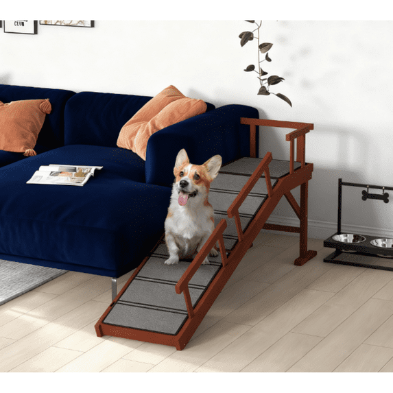 60" Long Wooden Dog Ramp with Removable Guardrails Non-Slip Surface Brown and Gray Pet Ramp
