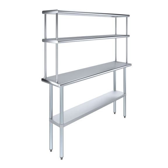 60" Long x 14" Deep" Stainless Steel Work Table With 12" Wide Double Tier Overshelf | Metal Kitchen Prep Table & Shelving Combo