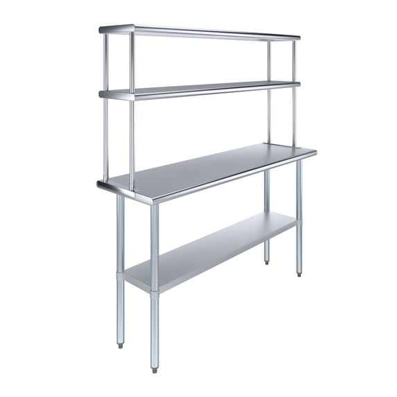 60" Long x 18" Deep" Stainless Steel Work Table With 12" Wide Double Tier Overshelf | Metal Kitchen Prep Table & Shelving Combo