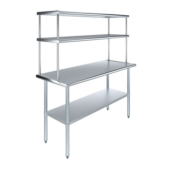 60" Long x 24" Deep" Stainless Steel Work Table With 18" Wide Double Tier Overshelf | Metal Kitchen Prep Table & Shelving Combo