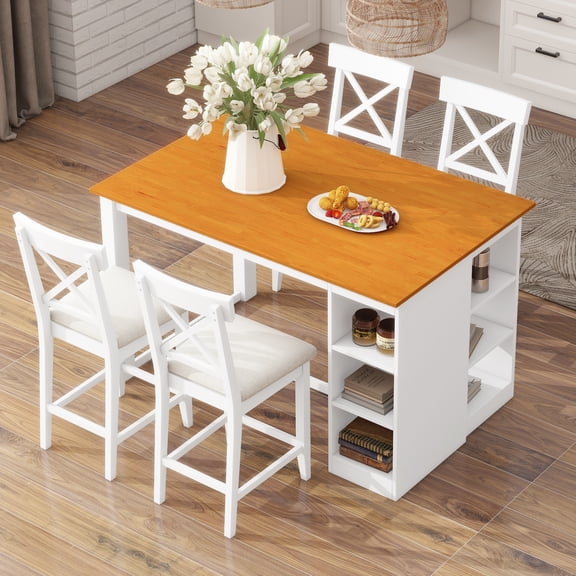 60"Lx30"W Solid Wood Farmhouse Counter Height Dining Table Set, 5-Piece with 3-Tier Storage Shelves & Upholstered Cross Back Chairs, White Rubberwood Set for 4