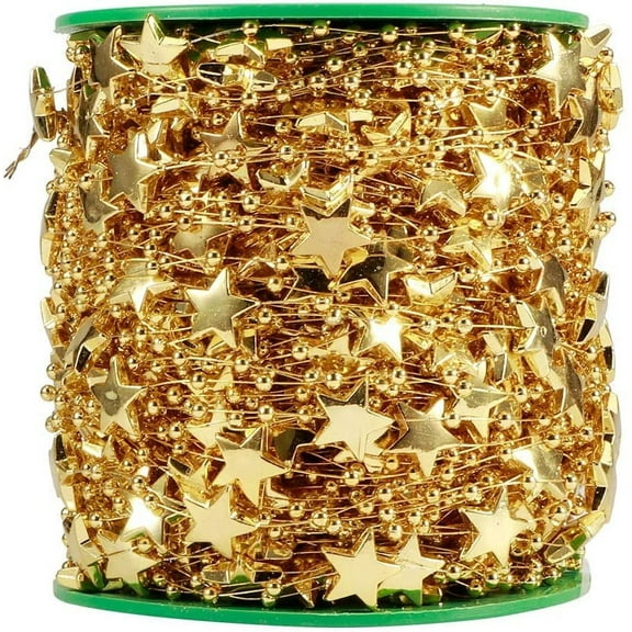 60 M / 196.9 FT Pearl Beads Garland Plastic Pearl Bead Roll Strand DIY Star Faux Pearls Beads String Garland Beaded Trim for Christmas Tree Wedding Party Bouquet Decoration(golden five-pointed star)