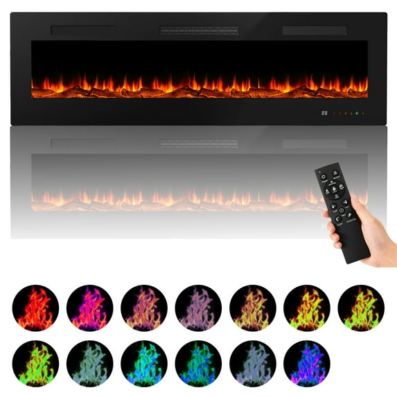 Simenmax 60'' Electric Fireplace in-Wall Recessed and Wall Mounted Fireplace Heater,Linear Fireplace with Multicolor Flame,Timer,Low Noise,Remote Control,Black