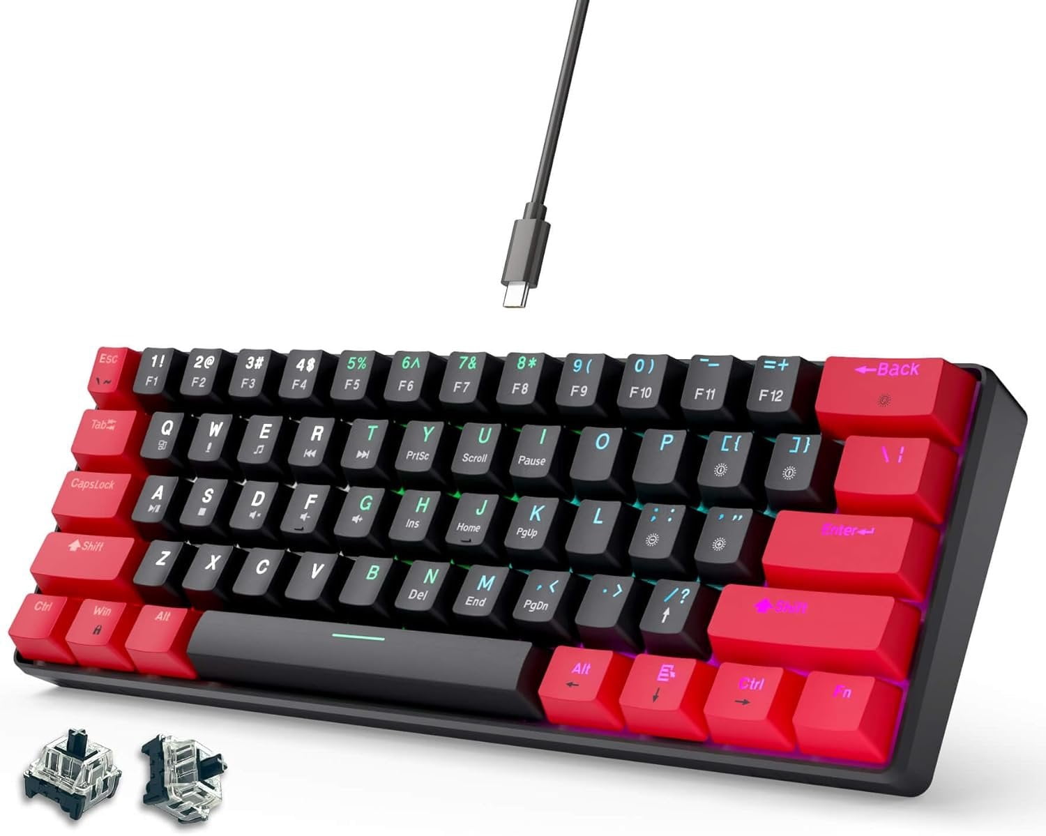 60% Mechanical Gaming Keyboard Black Wired Compact Keyboard Anti-Ghosting No-Conflict 61 Swappable keycaps Design for Windows/