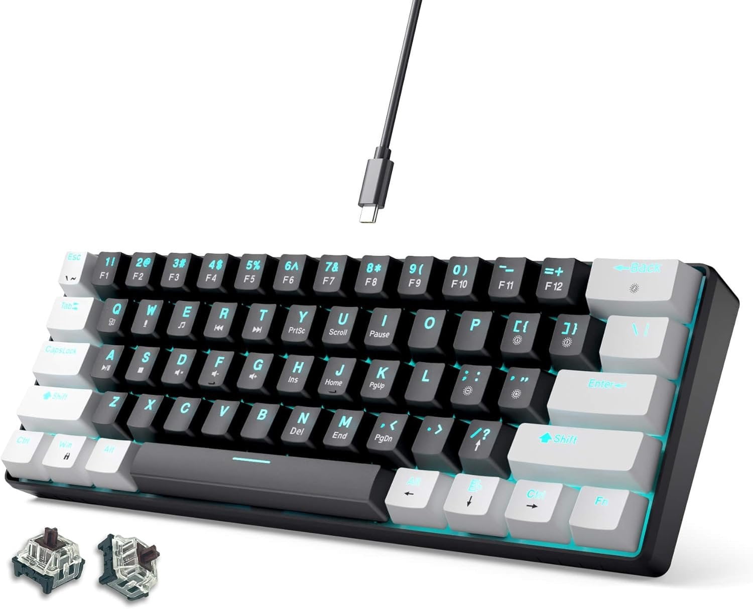 60% Mechanical Gaming Keyboard Brown Wired Compact Keyboard Anti-Ghosting No-Conflict 61 Swappable keycaps Design for Windows/