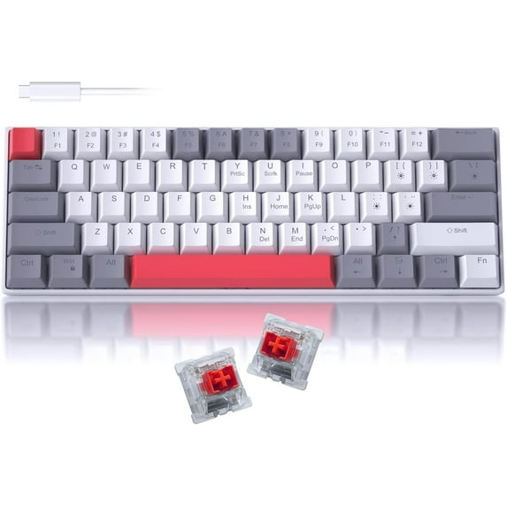 60% Mechanical Gaming Keyboard,Mixed Color Keycaps Gaming Keyboard with Linear Red Switches, Detachable Type-C Cable Mini Keyboard with Blue LED Light for PC/Laptop