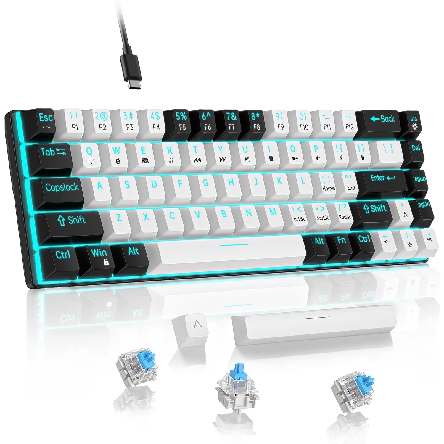 Cshidworld 60% Mechanical Keyboard, LED Backlit Compact 68 Keys Gaming Keyboard, USB Wired Keyboard with Blue Switch, Mu