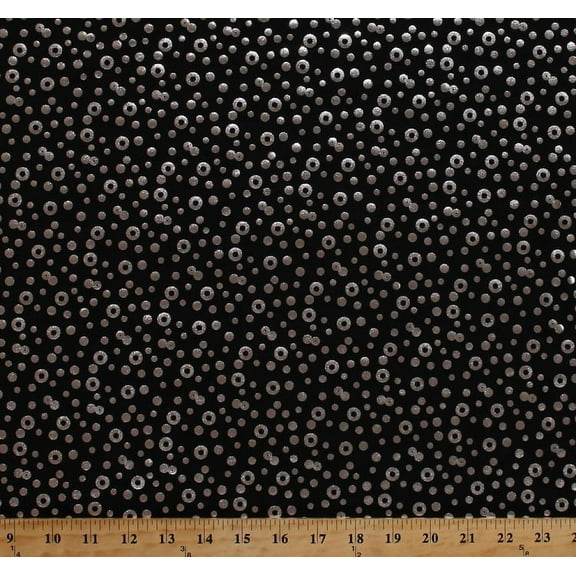 60" Metallic Matte Jersey Silver Metallic Glamorous Reflective Light Catching Rings Dots on Black Smooth Polyester/Spandex Fabric by the Yard (4581R-9A)