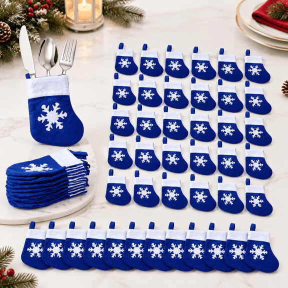 60 Mini Christmas Stockings, Blue Snowflake Design, Small Hanging Stockings for Silverware, Candies, and Holiday Decor