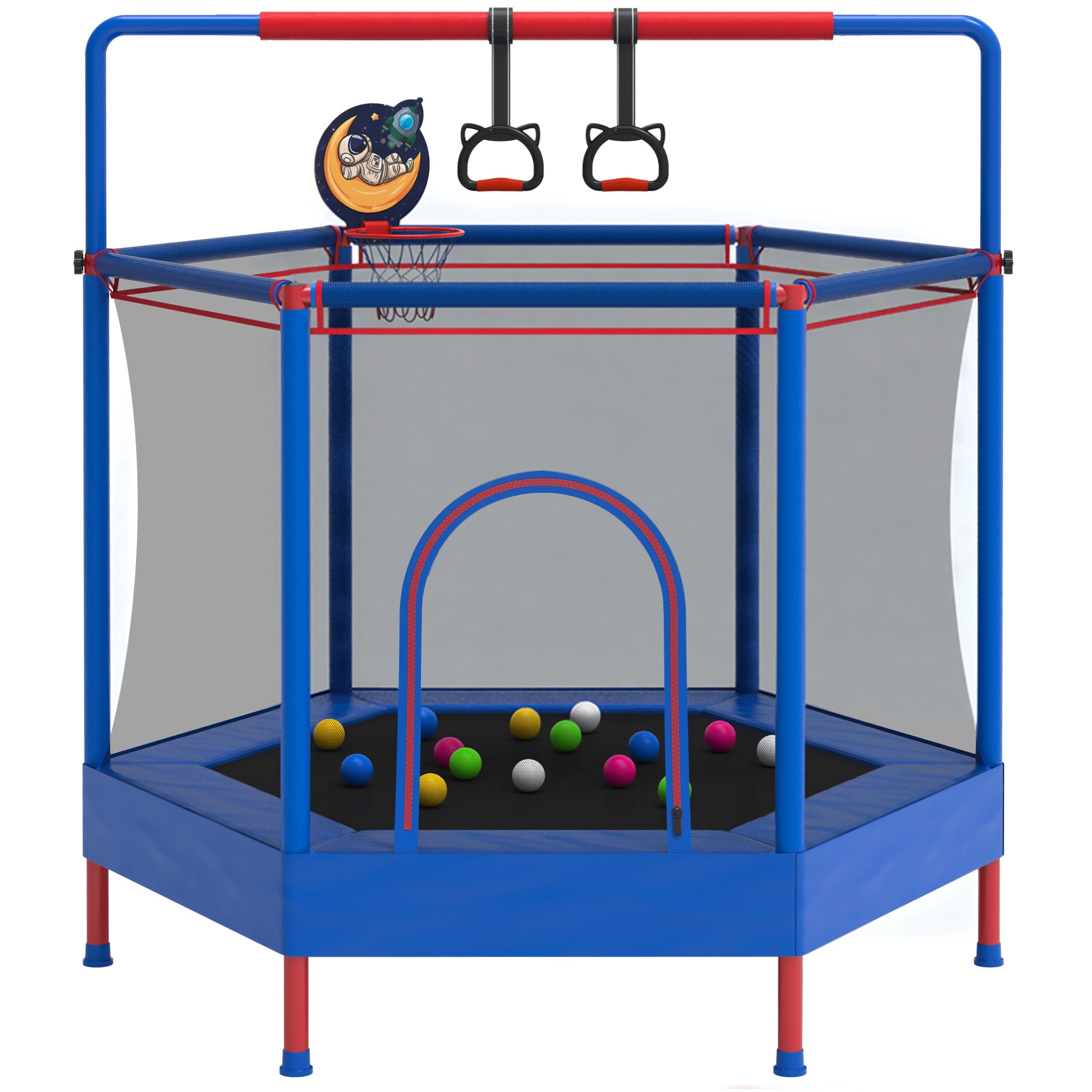 60" Mini Trampoline for Kids with Enclosure, Shinpt Indoor & Outdoor Toddler Trampoline, Upgrade Full Anti-Rust Tube with Adjustable Gymnastics Bars, Small Trampoline for Boys & Girls