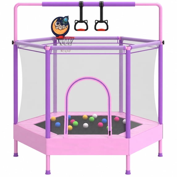 60" Mini Trampoline for Kids with Safety Enclosure Net, SHINPT Indoor & Outdoor Trampoline with Adjustable Gymnastics Bars and Rust-Resistant Steel Frame, Small Trampoline for Boys & Girls