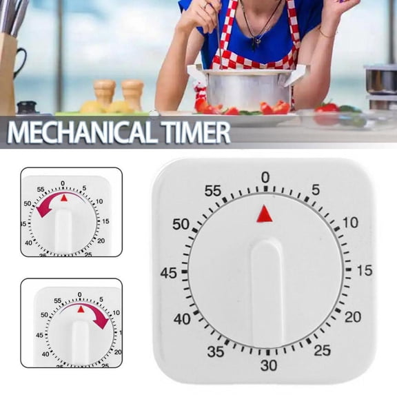 60-Minute Mechanical Kitchen Timer 60x60x35MM, No Battery Rotary Dial Countdown, Loud Bell Manual Cooking Time Reminder