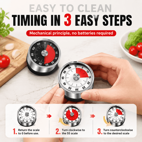 60-Minute Mechanical Kitchen Timer Stainless Steel Body, No Batteries Required, Countdown Timer with Loud Alarm and Magnetic Back for Cooking, Study, or Exercise