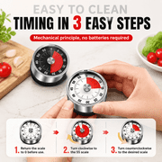 60-Minute Mechanical Kitchen Timer   Stainless Steel Body, No Batteries Required, Countdown Timer with Loud Alarm & Magnetic Back