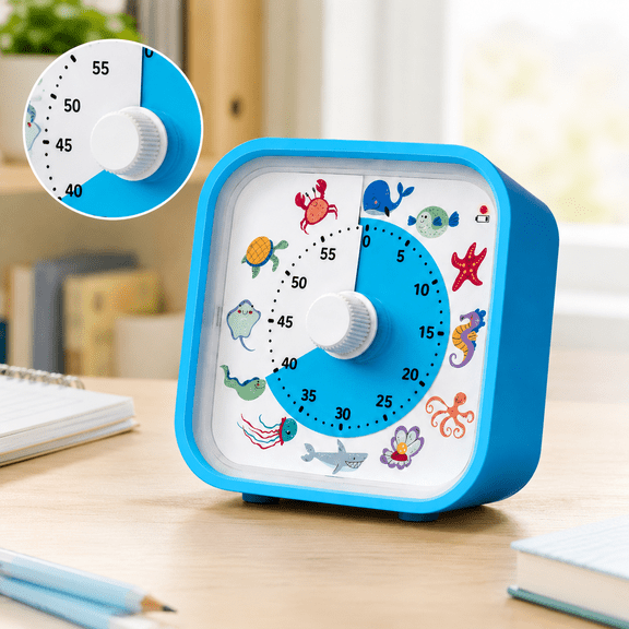 60 Minute Visual Countdown Timer Desk Clock, Blue Plastic Rotary Dial with Night Light and Gentle Alarm, Home Kitchen Time Tool, 3.9 x 3.9 x 2.4 in