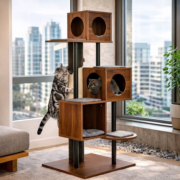 60" Modern Cat Tree Tower, 48" Tall Sisal Scratching Post with 3 Cozy Cat Condos & Soft Cushion Pads, Indoor Vertical Activity Cat Furniture for Small & Medium Cats
