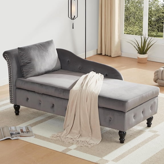 60" Modern  Chaise Lounge Indoor,Upholstered Lounge Chair with Left Armrest and  Pillow, Tufted Storage Lounge Sofa for Living Room Decorative Bedroom Office,Mini Bench Sofas (Dark Gray)