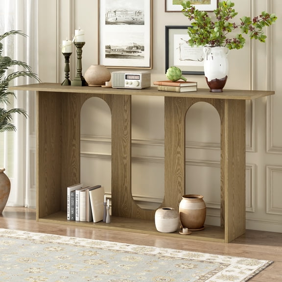 Modern and Curved Design Ash Veneer Console Table, Long Entryway Table with Shelf and Unique Curved Base, Modern Accent Sofa Table Suitable for Entryway, Living Room, Foyer and Corridor, Natural