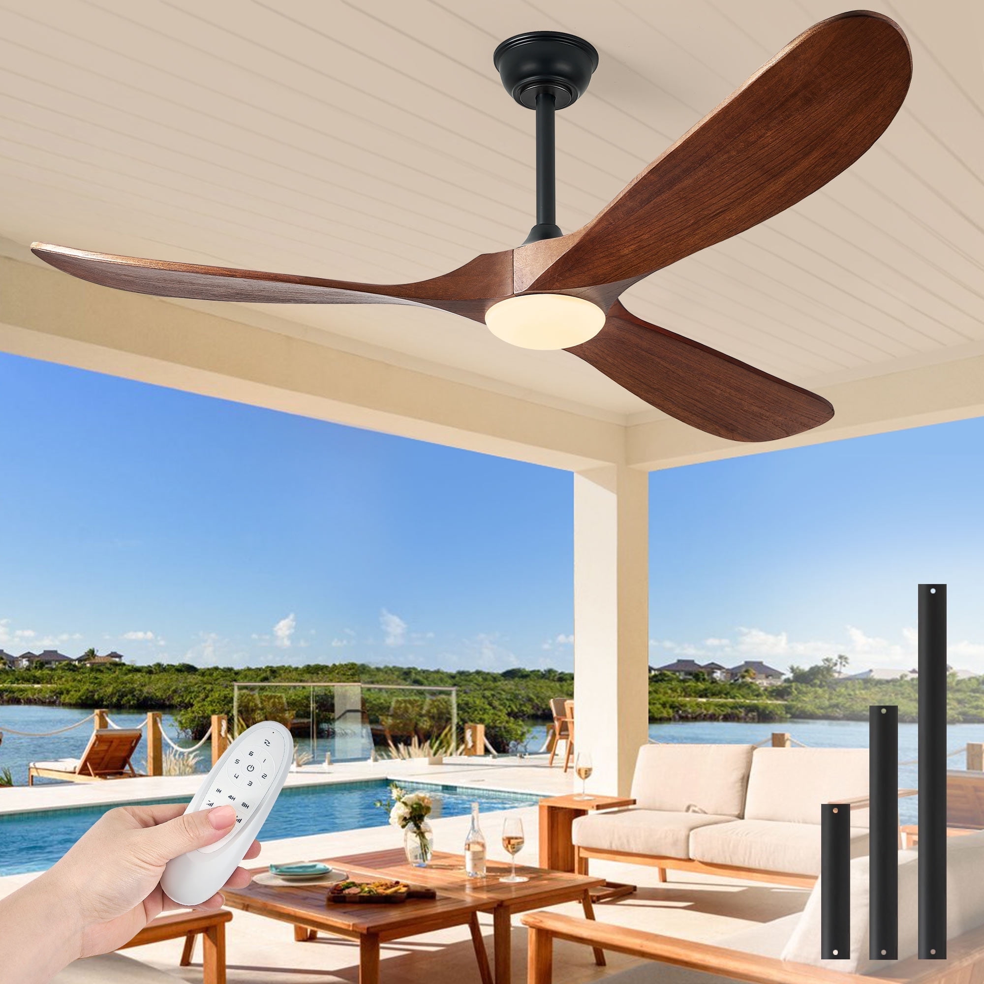 60'' 3-Blade Ceiling Fan – Light & Remote, High CFM Quiet DC Motor, Solid Wood Walnut Propeller Ceiling Fans, Indoor/Outdoor/Patio (Coastal/Farmhouse)