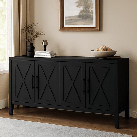 60" Modern Farmhouse Sideboard Buffet Cabinet with 4 Doors & Adjustable Shelves, Wood Console Table Storage Cabinet for Kitchen, Dining Room, Entryway, Hallway, Cabinets, Vintage Black