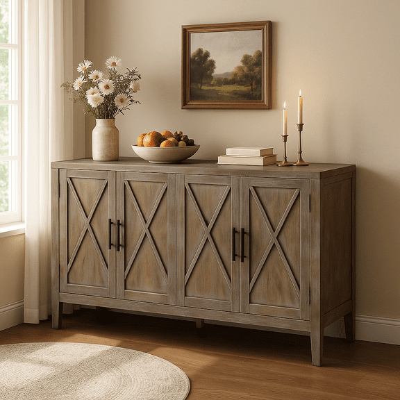 60" Modern Farmhouse Sideboard Buffet Cabinet with 4 Doors & Adjustable Shelves, Wood Console Table Storage Cabinet for Kitchen, Dining Room, Entryway, Hallway, Cabinets, Vintage Black