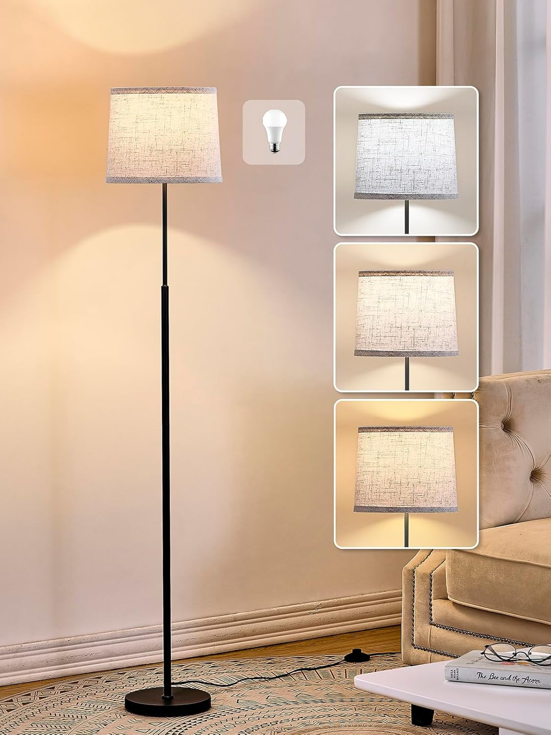 60" Modern Floor Lamp for Living Room Bedroom, Standing Lamp with Oatmeal Linen Lampshade, Tall Lamp with A19 9W 3 Color Temperature Bulb, Foot Switch Control, Black